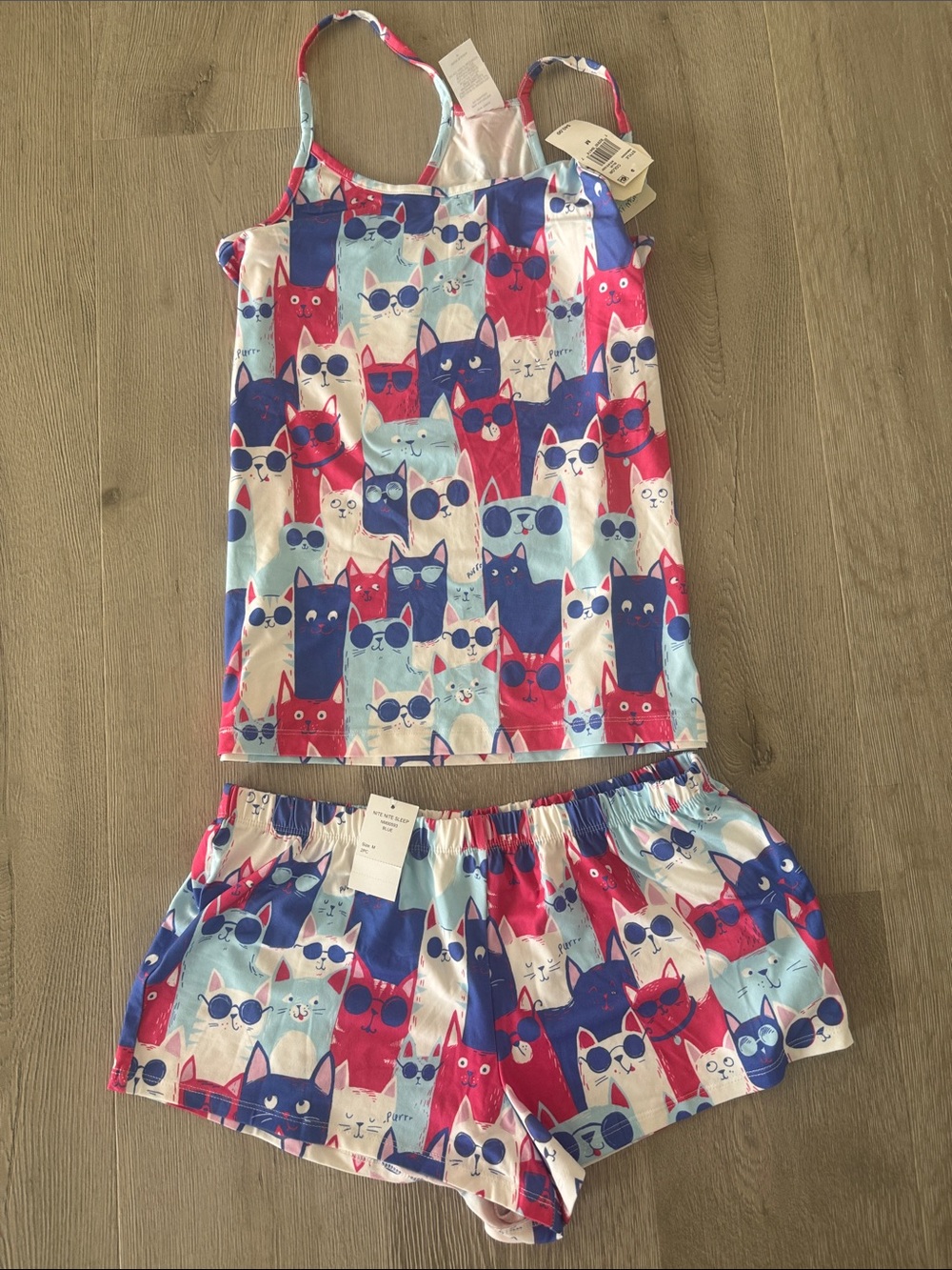 munki munki Pink, Blue & White Cat-Print Pajama Tank Top & Shorts Set